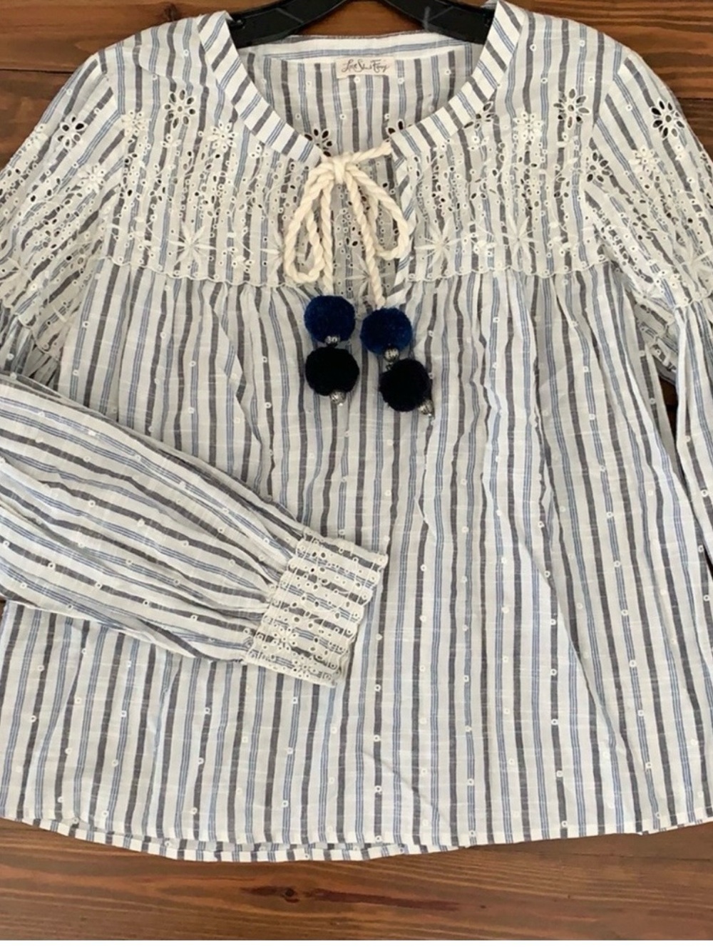 LoveShackFancy Striped Embroidered Pom-Pom Tie Top - Blue & White